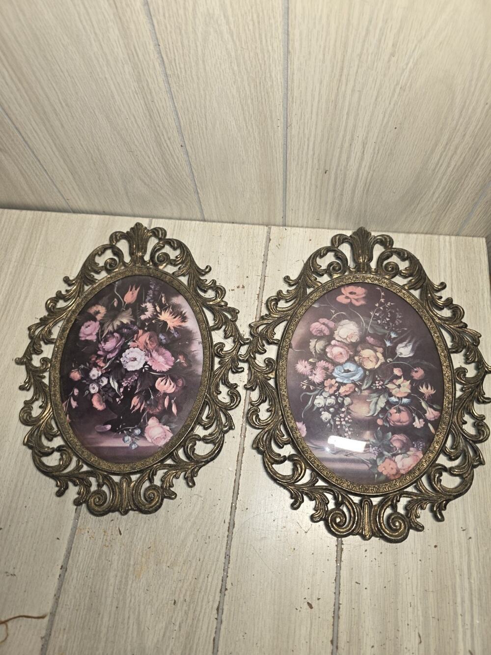 Vintage Set Of Italian Ornate Brass Framed Oval Prints Convex Bubble Glass 10x13